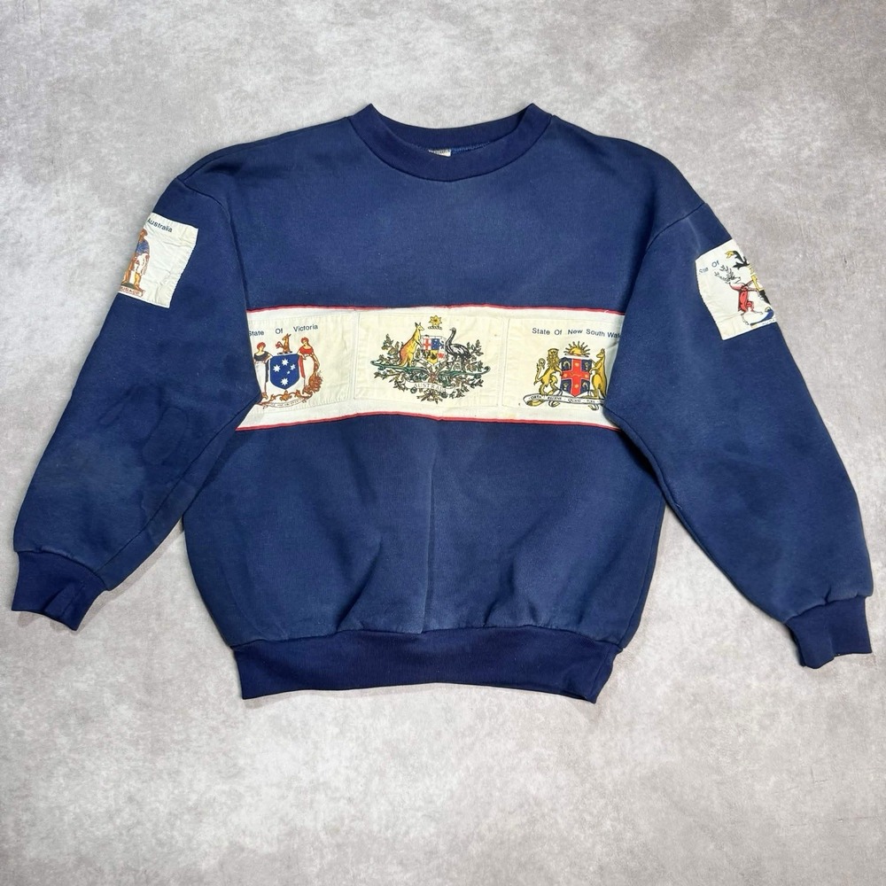 Vtg Australia Patch Pullover Coat Of Arms Sleeve Hit Center Strip Crewneck Sz M